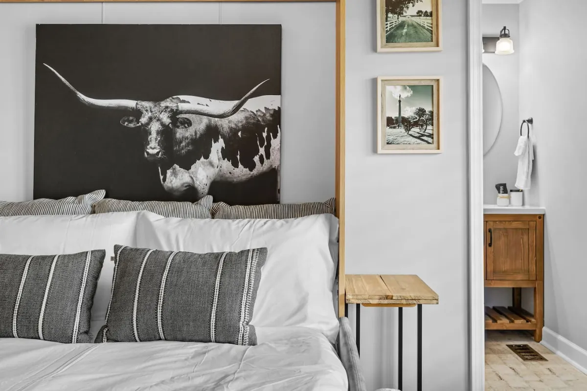 The hero image showcases a sunlit, country-chic studio interior with a large black and white cow art piece above a cozy, inviting bed adorned with striped throw pillows. A rustic wooden bedside table and framed photographs add personal and stylish touches, while the space feels intimate, comfortable, and full of character.